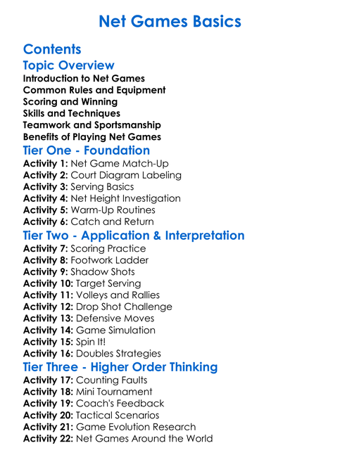 Net Games Basics Worksheet Activity Booklet