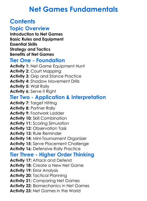 Net Games Fundamentals Worksheet Activity Booklet