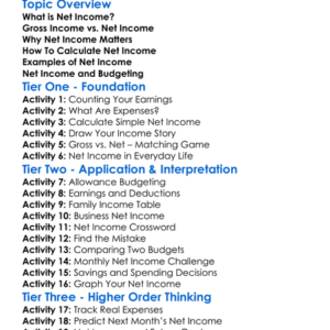 Net Income Worksheet Activity Booklet