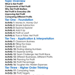 Net Profit Worksheet Activity Booklet