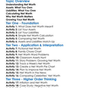 Net Worth Worksheet Activity Booklet