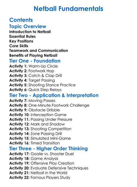 Netball Fundamentals Worksheet Activity Booklet