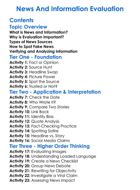 News And Information Evaluation Worksheet Activity Booklet
