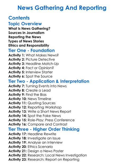 News Gathering And Reporting Worksheet Activity Booklet