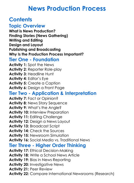 News Production Process Worksheet Activity Booklet