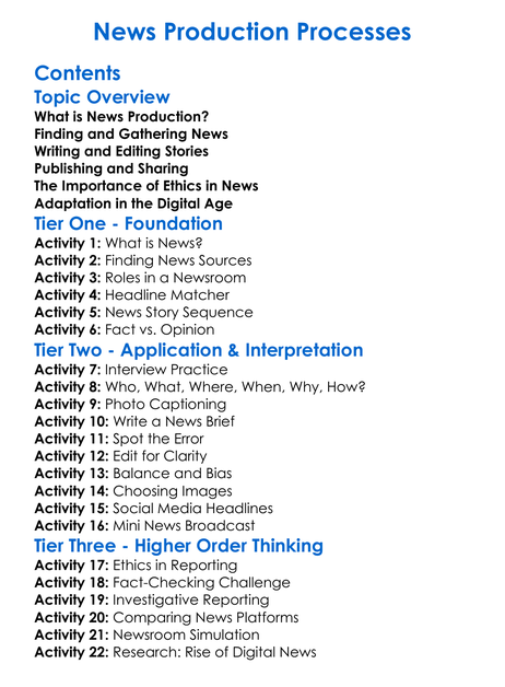 News Production Processes Worksheet Activity Booklet
