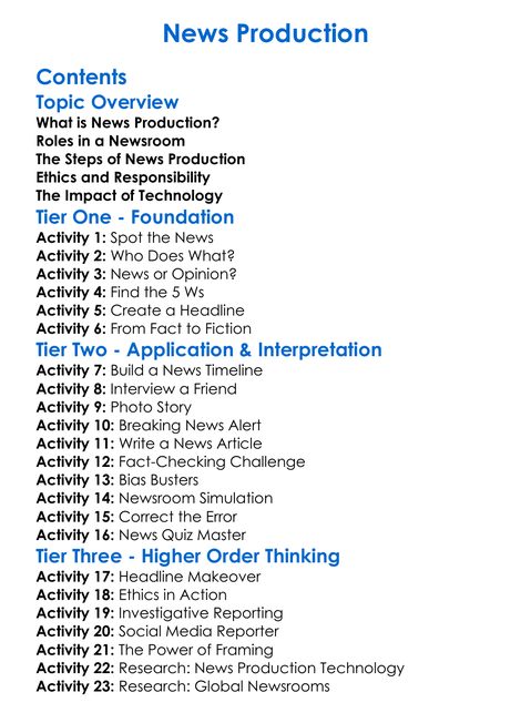 News Production Worksheet Activity Booklet