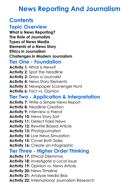 News Reporting And Journalism Worksheet Activity Booklet