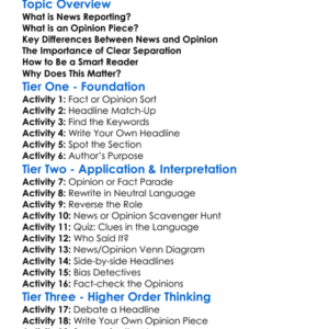 News Reporting Versus Opinion Worksheet Activity Booklet
