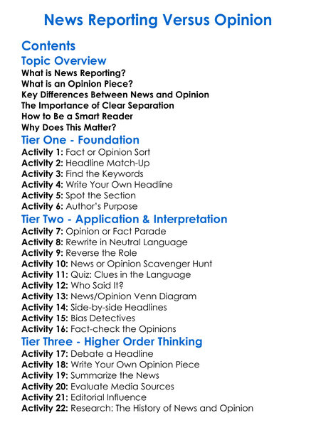 News Reporting Versus Opinion Worksheet Activity Booklet