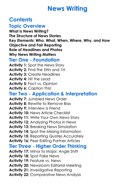 News Writing Worksheet Activity Booklet