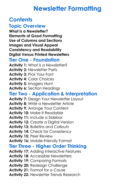 Newsletter Formatting Worksheet Activity Booklet