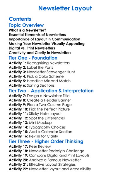 Newsletter Layout Worksheet Activity Booklet