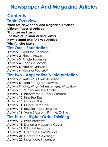 Newspaper And Magazine Articles Worksheet Activity Booklet