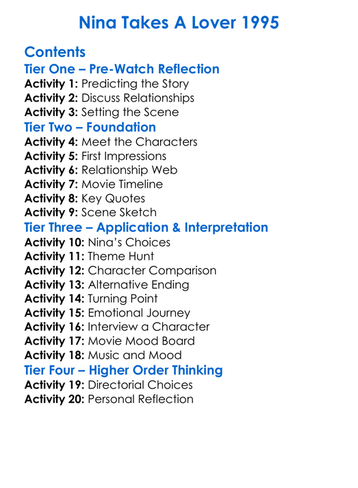 Nina Takes A Lover 1995 Worksheet Activity Booklet