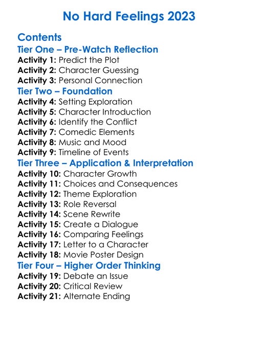 No Hard Feelings 2023 Worksheet Activity Booklet