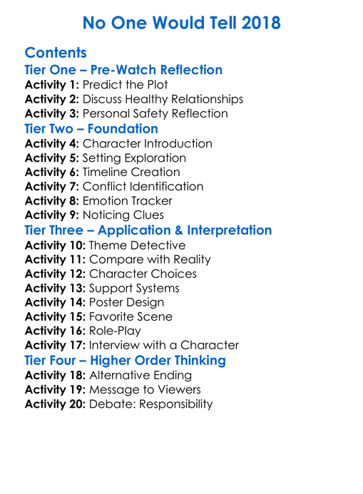 No One Would Tell 2018 Worksheet Activity Booklet