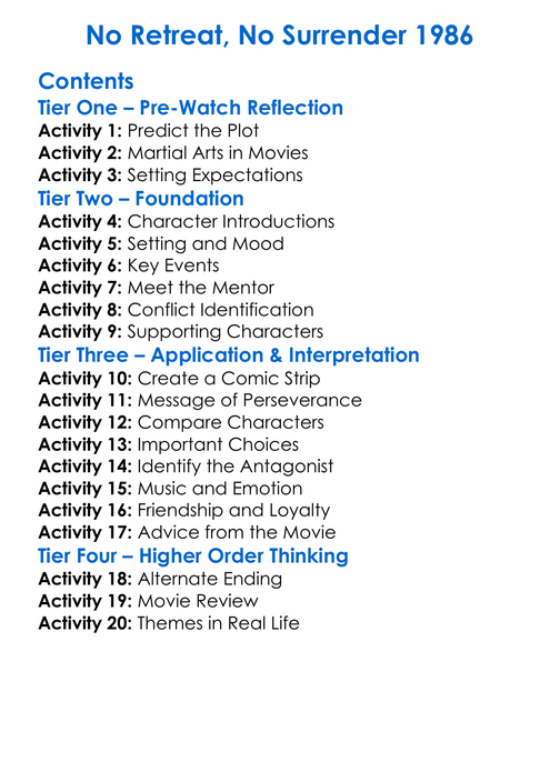 No Retreat No Surrender 1986 Worksheet Activity Booklet