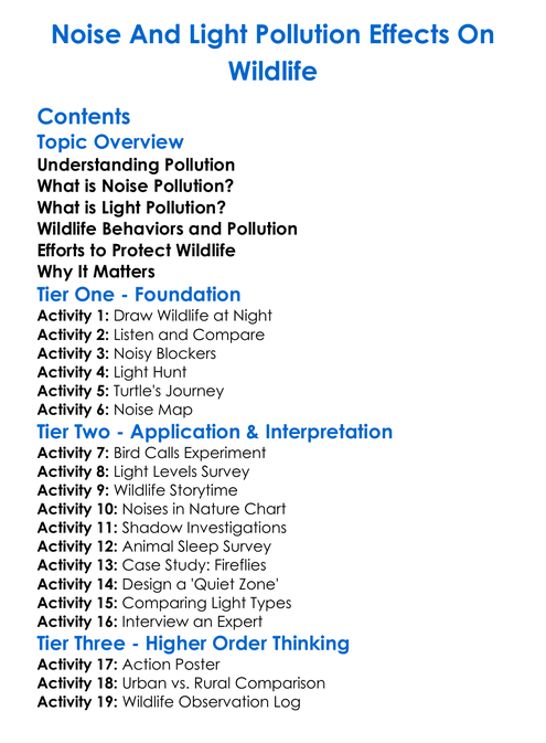 Noise And Light Pollution Effects On Wildlife Worksheet Activity Booklet