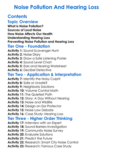 Noise Pollution And Hearing Loss Worksheet Activity Booklet