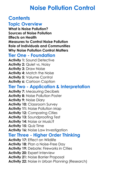 Noise Pollution Control Worksheet Activity Booklet