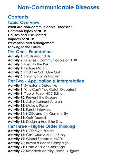 Non-Communicable Diseases Worksheet Activity Booklet
