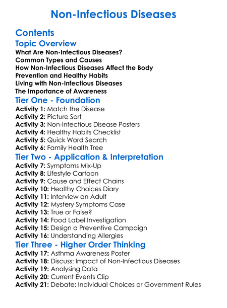 Non-Infectious Diseases Worksheet Activity Booklet