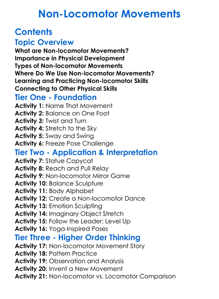 Non-Locomotor Movements Worksheet Activity Booklet