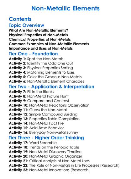 Non-Metallic Elements Worksheet Activity Booklet