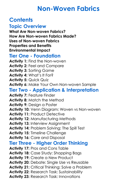 Non-Woven Fabrics Worksheet Activity Booklet