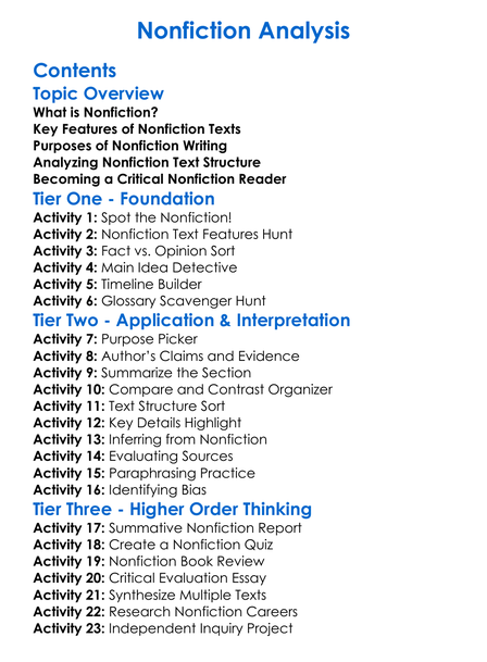 Nonfiction Analysis Worksheet Activity Booklet
