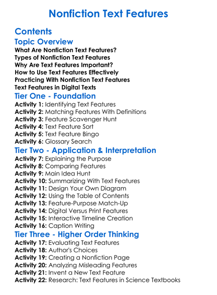 Nonfiction Text Features Worksheet Activity Booklet