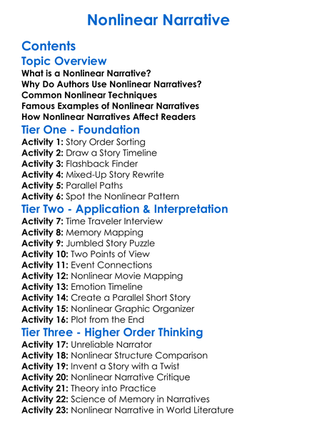 Nonlinear Narrative Worksheet Activity Booklet