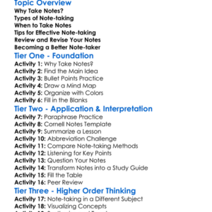 Note-Taking Strategies Worksheet Activity Booklet