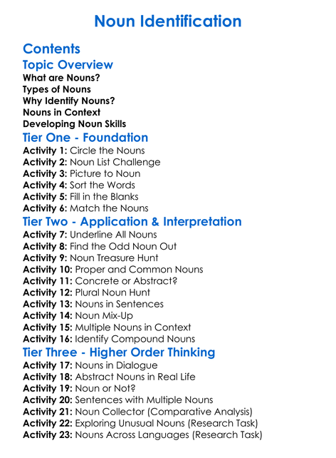Noun Identification Worksheet Activity Booklet