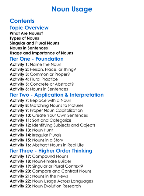 Noun Usage Worksheet Activity Booklet
