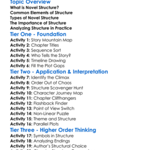 Novel Structure Worksheet Activity Booklet