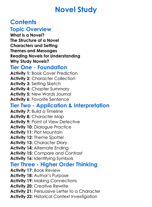 Novel Study Worksheet Activity Booklet