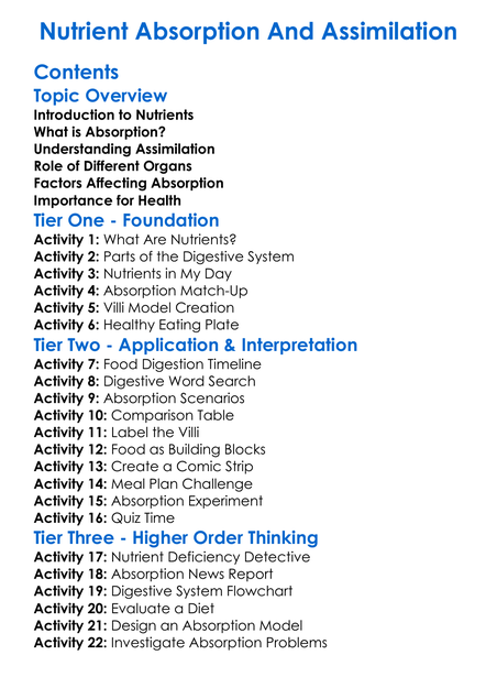 Nutrient Absorption And Assimilation Worksheet Activity Booklet