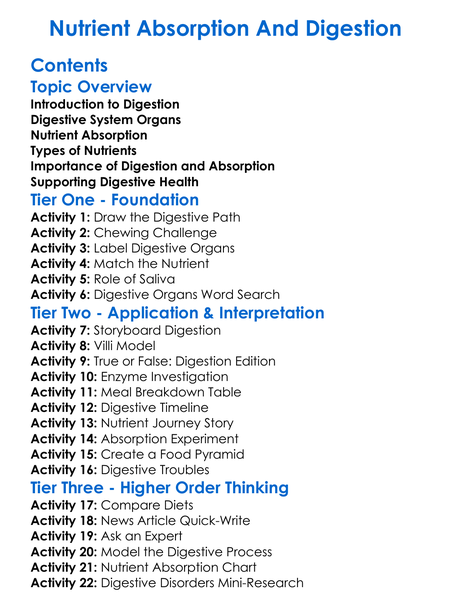 Nutrient Absorption And Digestion Worksheet Activity Booklet
