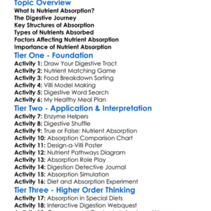 Nutrient Absorption Worksheet Activity Booklet