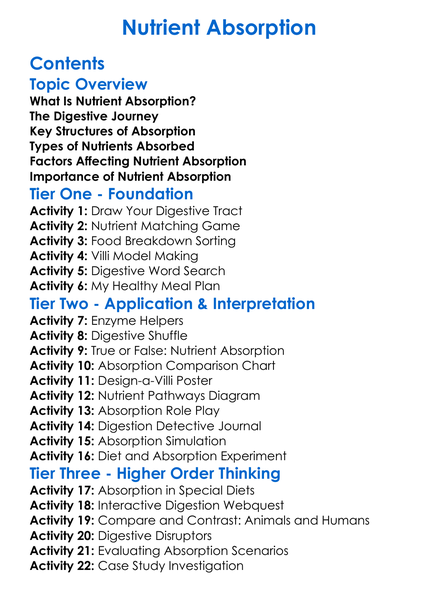Nutrient Absorption Worksheet Activity Booklet