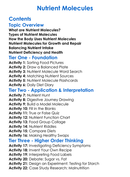 Nutrient Molecules Worksheet Activity Booklet