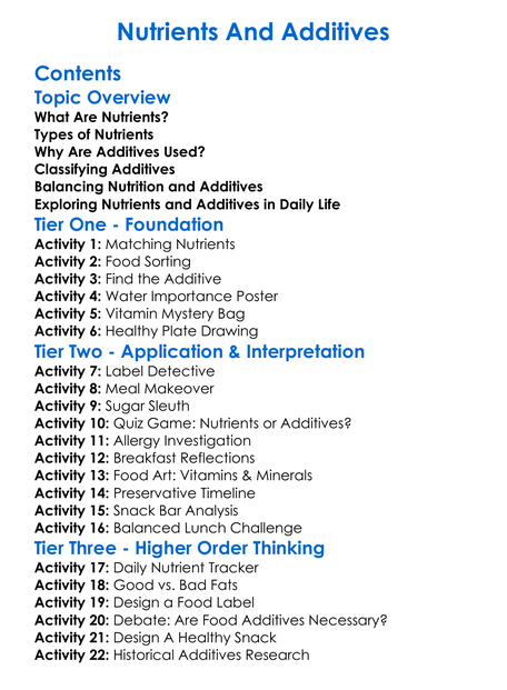 Nutrients And Additives Worksheet Activity Booklet