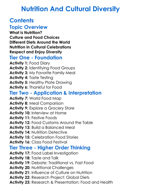 Nutrition And Cultural Diversity Worksheet Activity Booklet