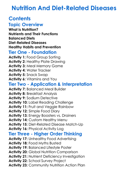 Nutrition And Diet-Related Diseases Worksheet Activity Booklet