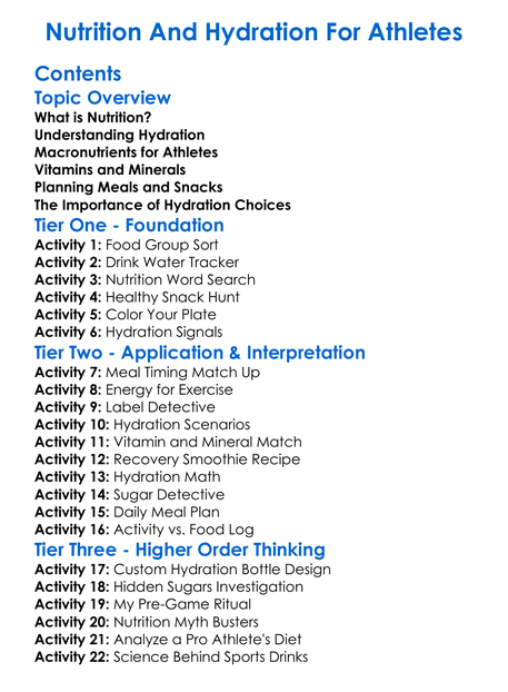 Nutrition And Hydration For Athletes Worksheet Activity Booklet