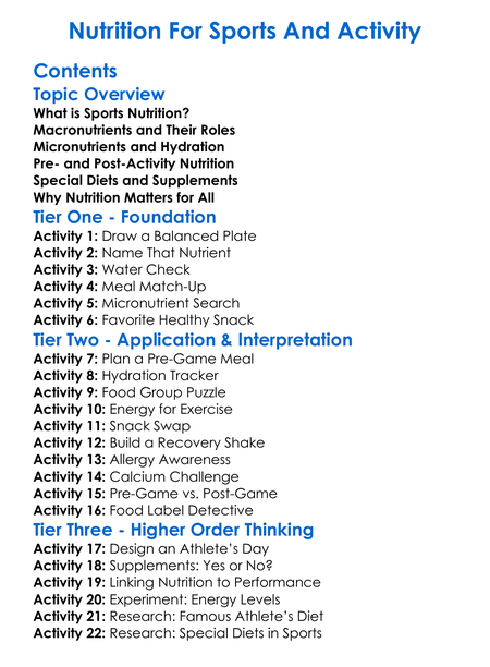 Nutrition For Sports And Activity Worksheet Activity Booklet
