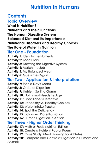 Nutrition In Humans Worksheet Activity Booklet