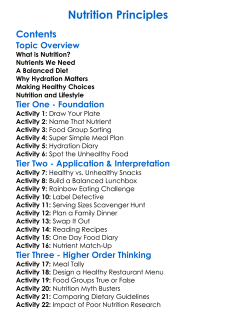 Nutrition Principles Worksheet Activity Booklet